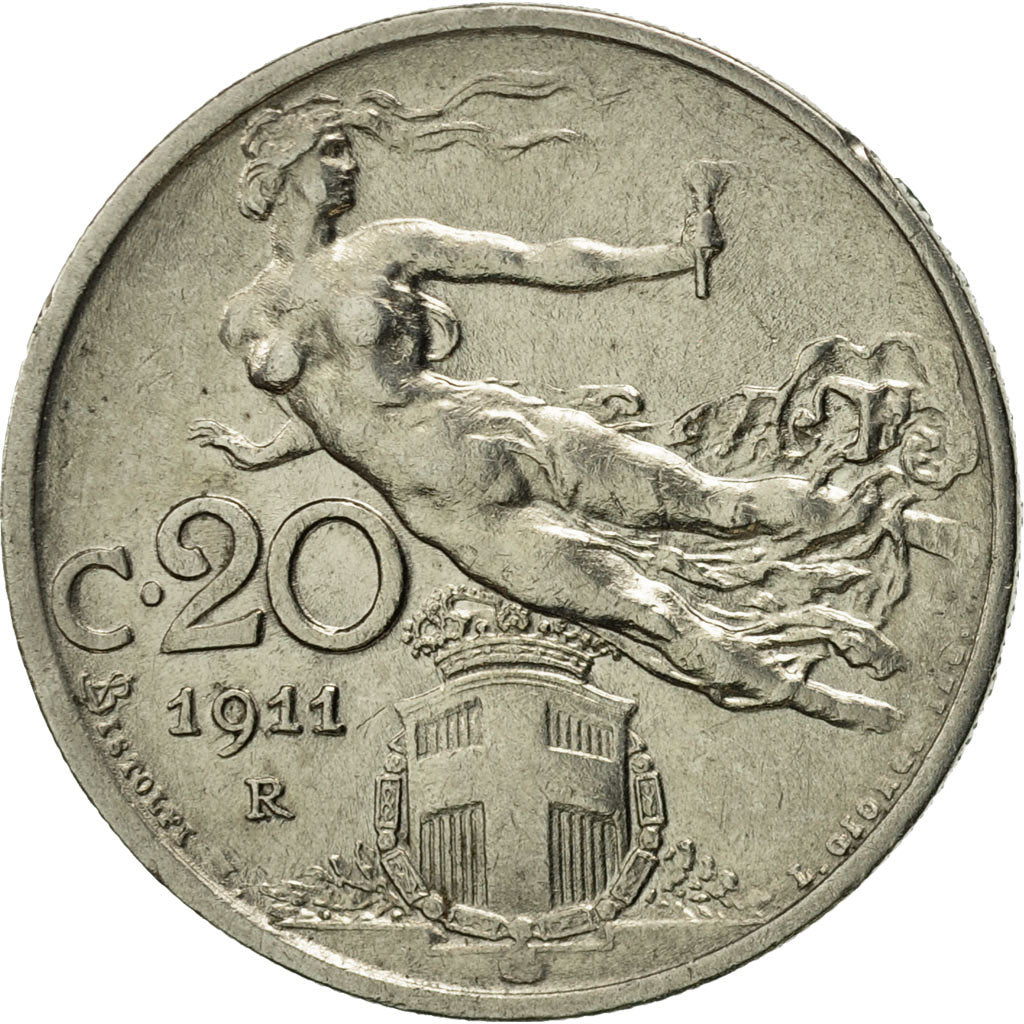 Italy, Vittorio Emanuele III, 20 Centesimi, 1911, Rome, AU(55-58), Nickel, KM:44