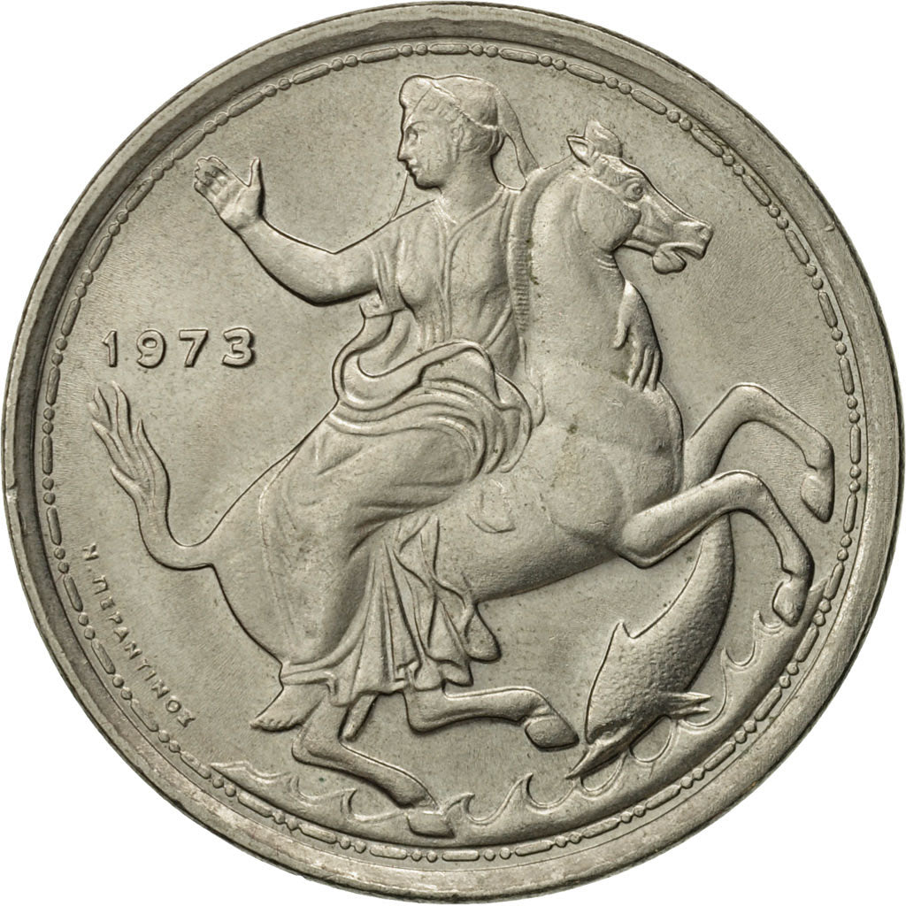 Greece, Constantine II, 20 Drachmai, 1973, AU(55-58), Copper-nickel, KM:111
