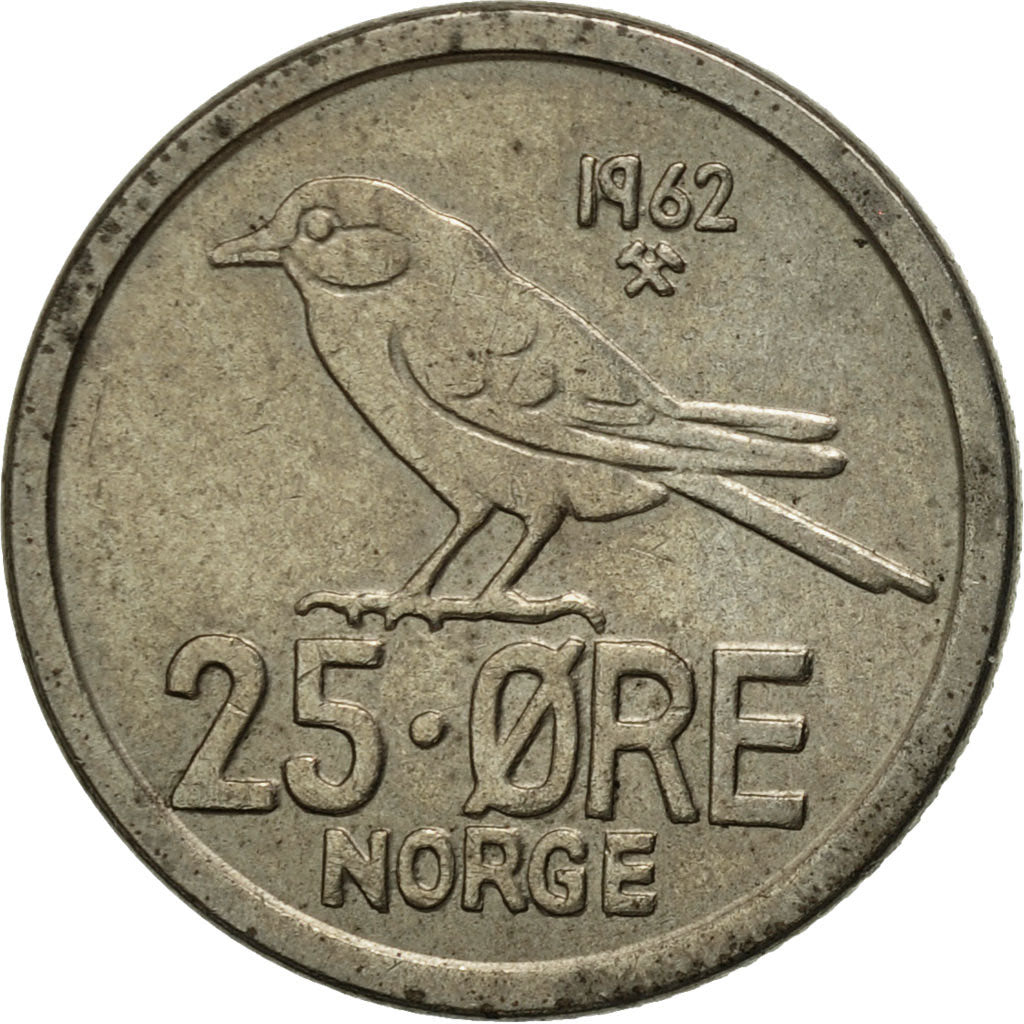 Coin, Norway, Olav V, 25 Öre, 1962, AU(50-53), Copper-nickel, KM:407