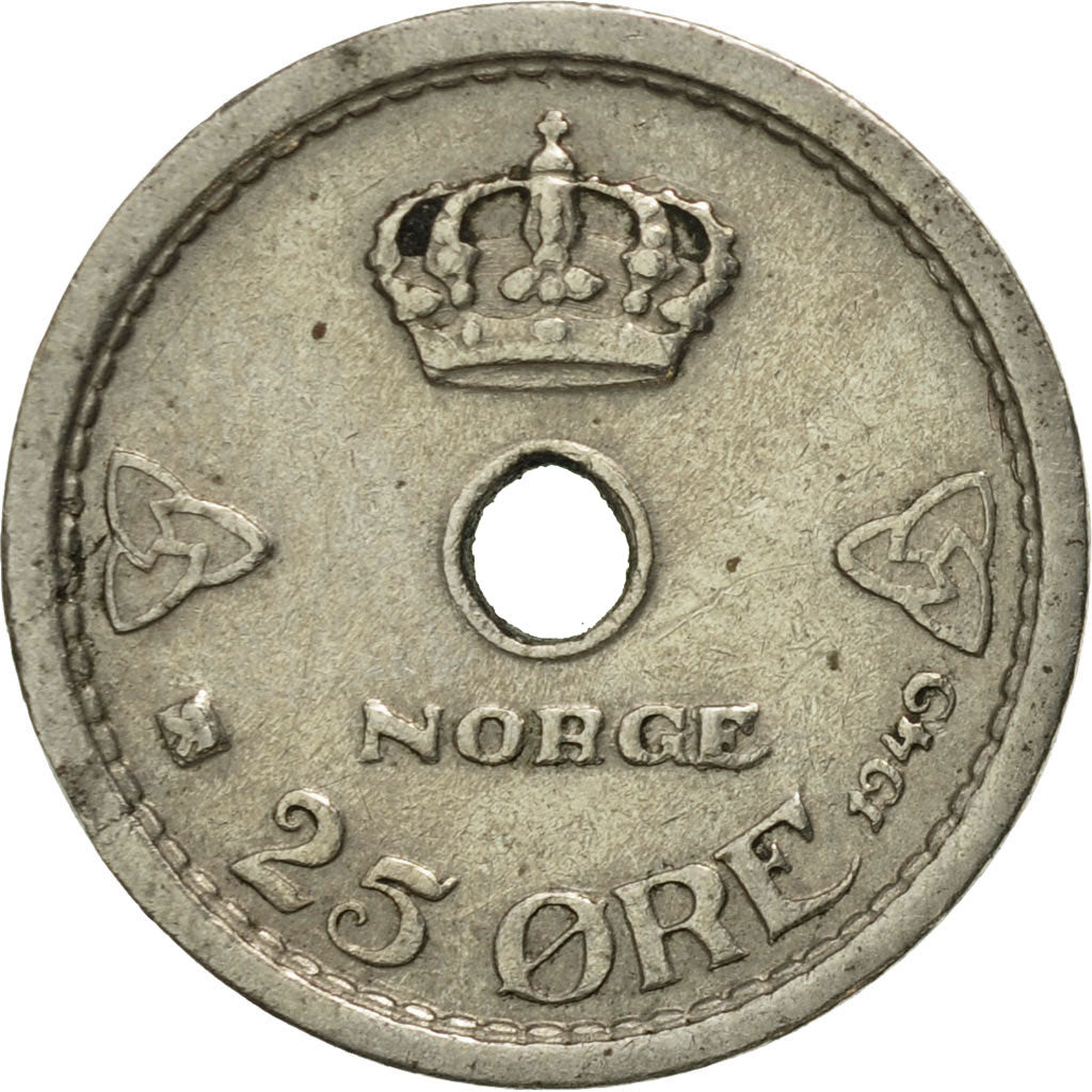 Coin, Norway, Haakon VII, 25 Öre, 1949, AU(50-53), Copper-nickel, KM:384