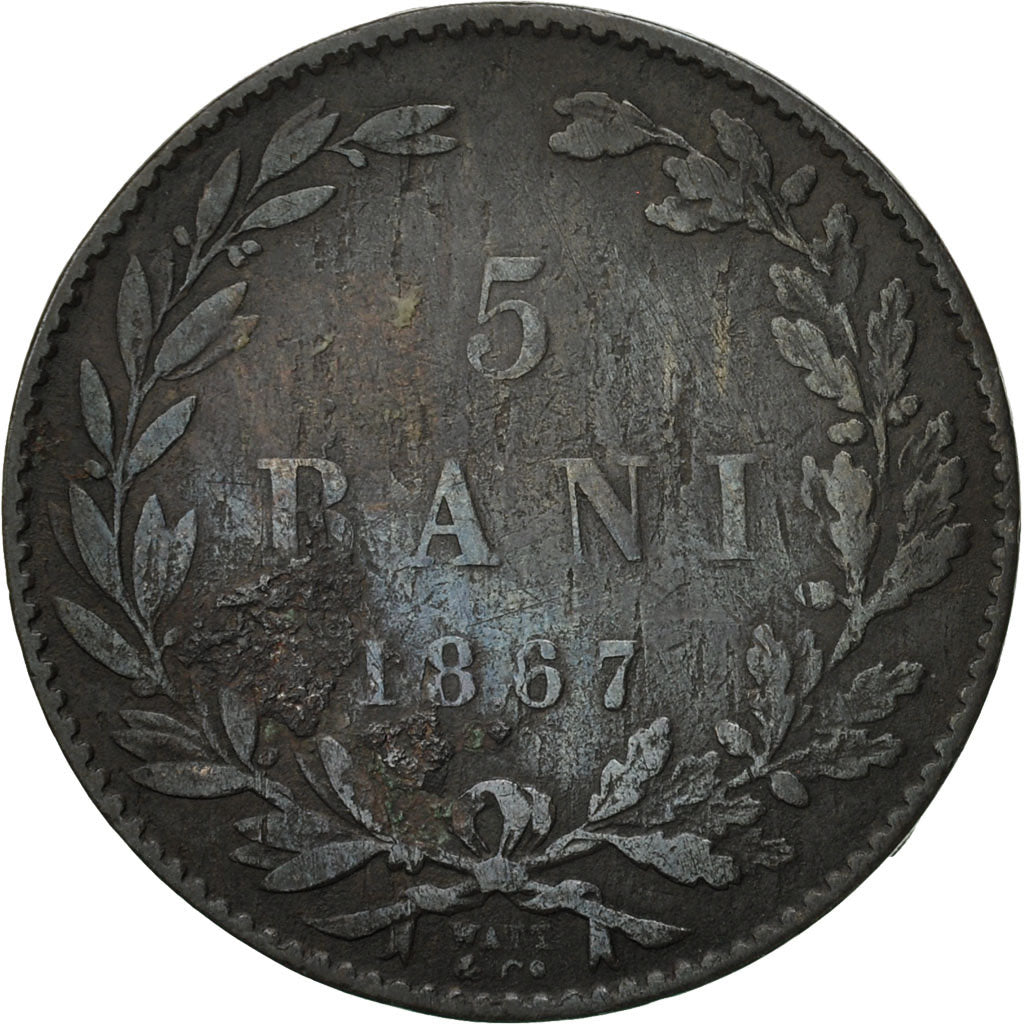 Romania, Carol I, 5 Bani, 1867, VF(30-35), Copper, KM:3.1