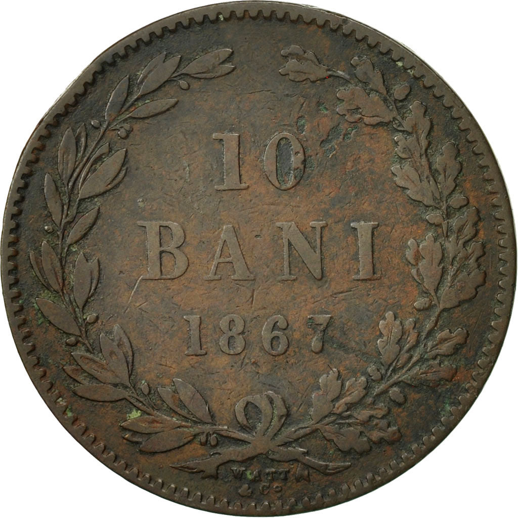 Romania, Carol I, 10 Bani, 1867, VF(30-35), Copper, KM:4.1