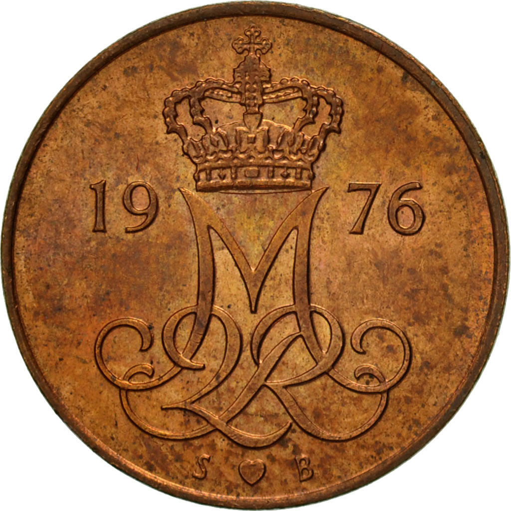 Coin, Denmark, Margrethe II, 5 Öre, 1976, Copenhagen, MS(63), Copper Clad Iron