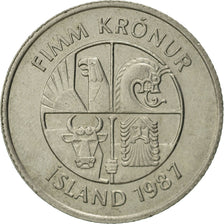 Moneda, Islandia, 5 Kronur, 1987, MBC, Cobre - níquel, KM:28