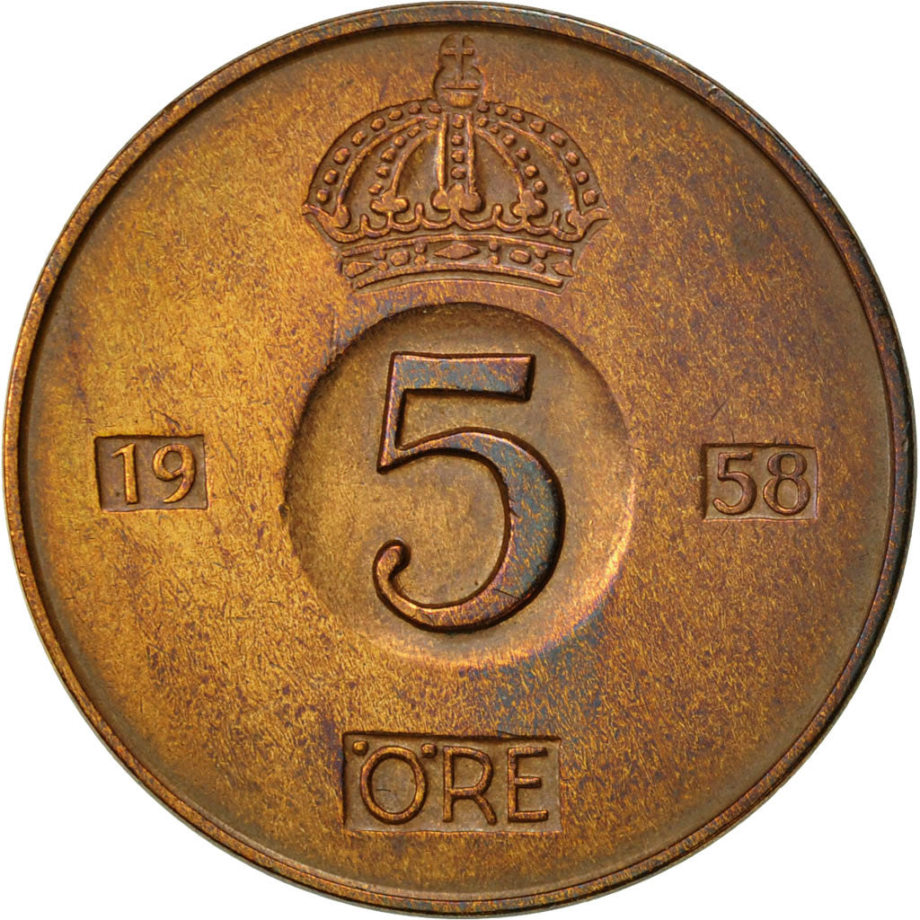 Sweden, Gustaf VI, 5 Öre, 1958, AU(50-53), Bronze, KM:822