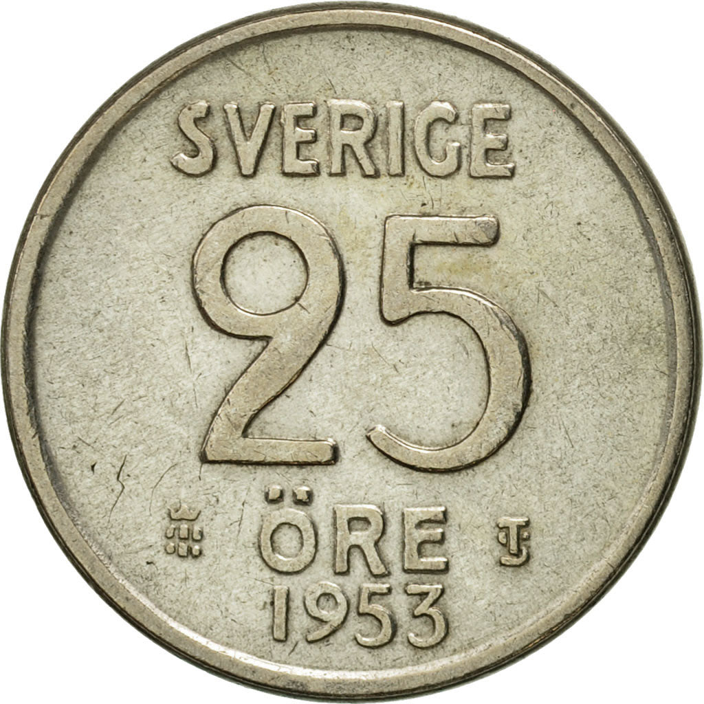 Coin, Sweden, Gustaf VI, 25 Öre, 1953, AU(50-53), Silver, KM:824
