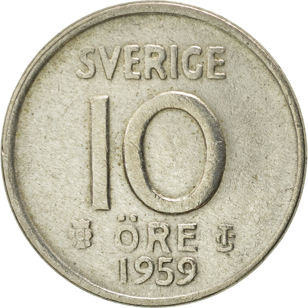 Sweden, Gustaf VI, 10 Öre, 1959, AU(50-53), Silver, KM:823
