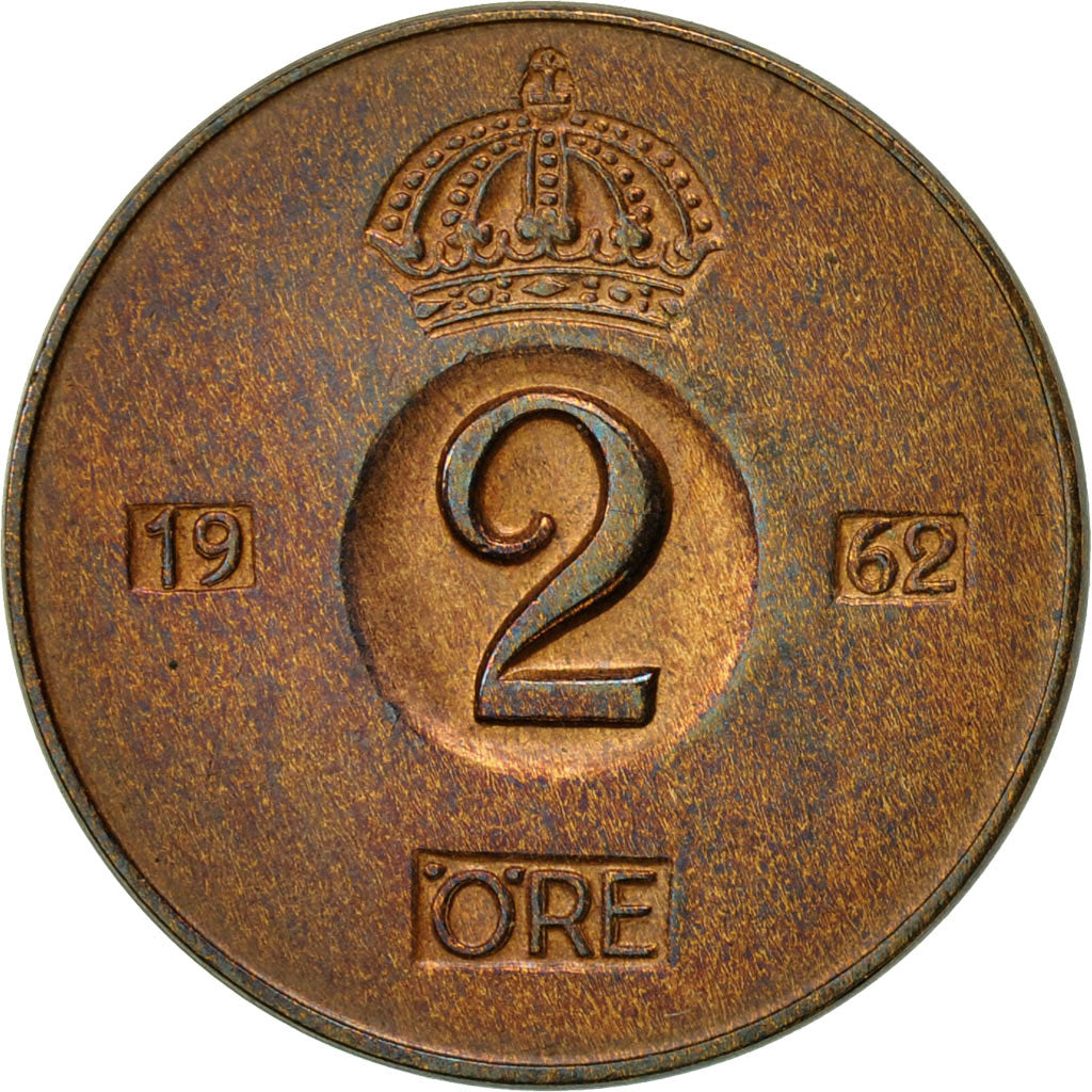 Coin, Sweden, Gustaf VI, 2 Öre, 1962, AU(55-58), Bronze, KM:821