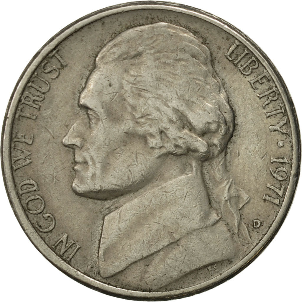 Coin, United States, Jefferson Nickel, 5 Cents, 1971, U.S. Mint, Denver