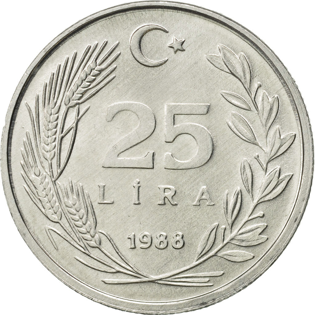 Coin, Turkey, 25 Lira, 1988, AU(55-58), Aluminum, KM:975