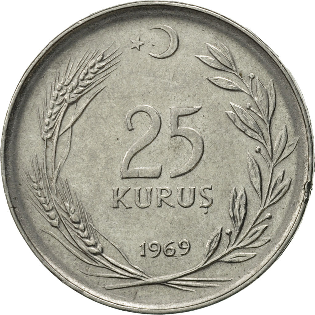 Moneta, Turcja, 25 Kurus, 1969, AU(55-58), Stal nierdzewna, KM:892.3
