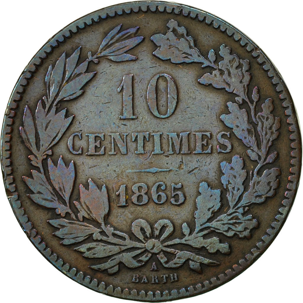 Luxembourg, William III, 10 Centimes, 1865, Paris, VF(20-25), Bronze, KM:23.2