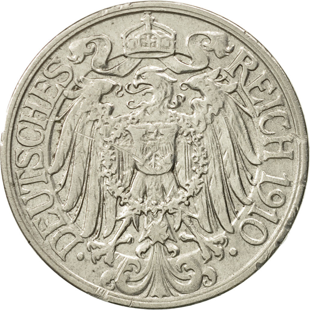 GERMANY - EMPIRE, Wilhelm II, 25 Pfennig, 1910, Berlin, EF(40-45), Nickel, KM:18