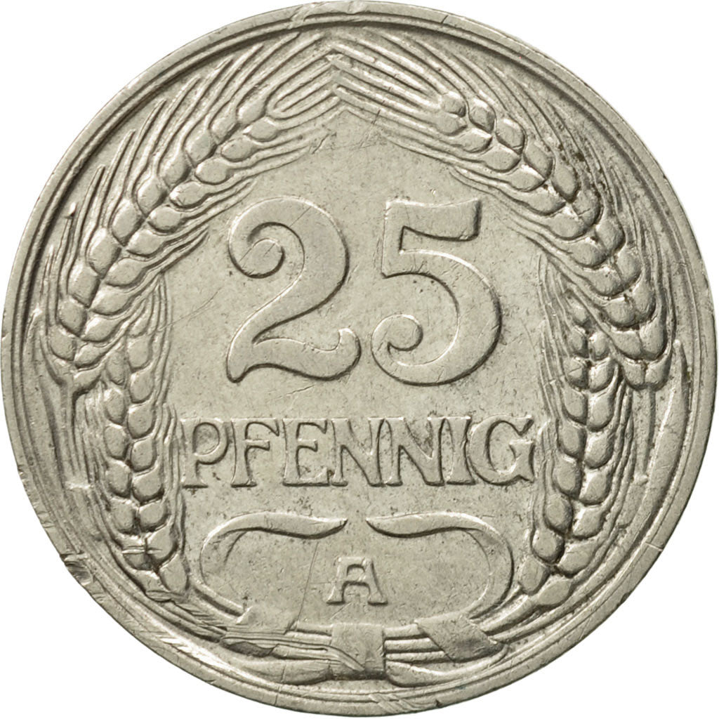 GERMANY - EMPIRE, Wilhelm II, 25 Pfennig, 1910, Berlin, EF(40-45), Nickel, KM:18