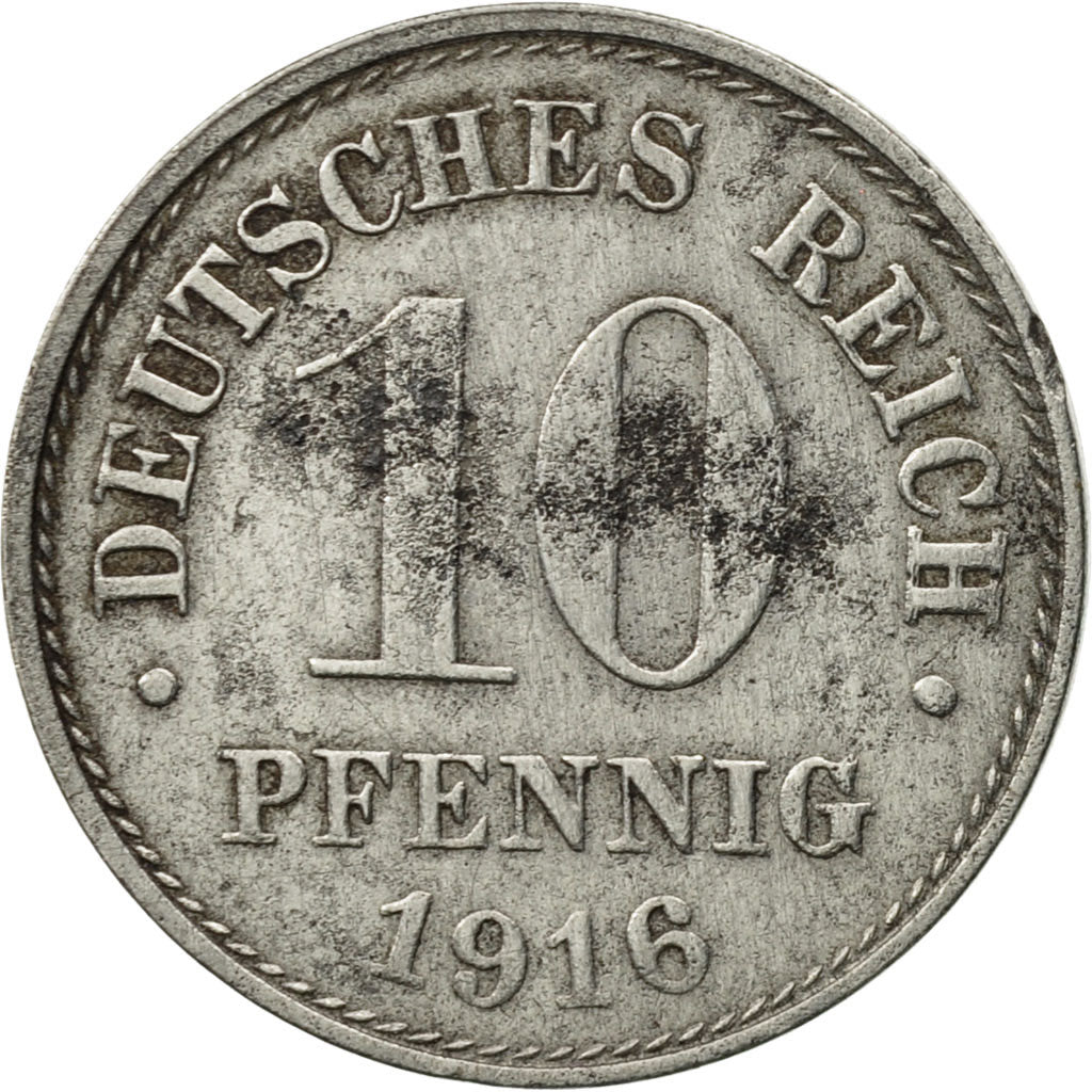 GERMANY - EMPIRE, 10 Pfennig, 1916, Karlsruhe, EF(40-45), Iron, KM:20