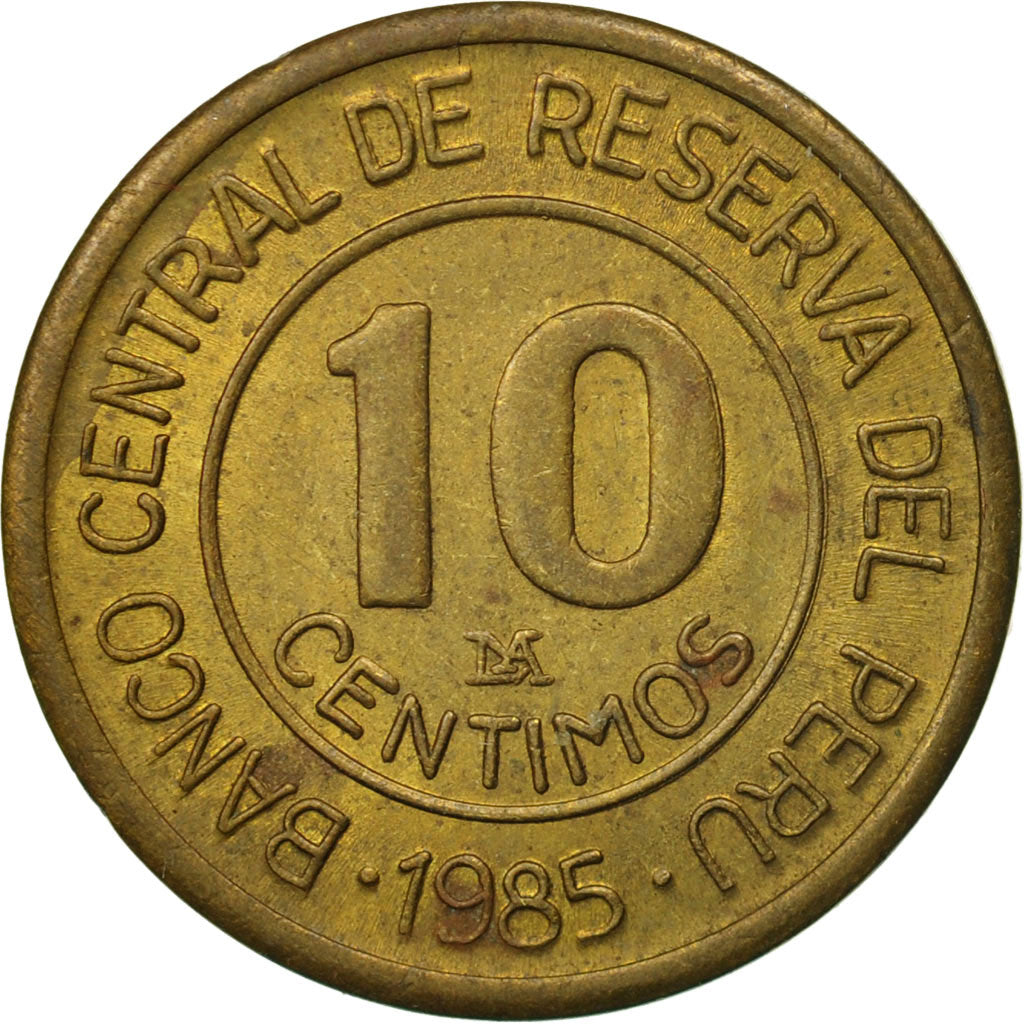 Coin, Peru, 10 Centimos, 1985, Lima, AU(55-58), Brass, KM:293