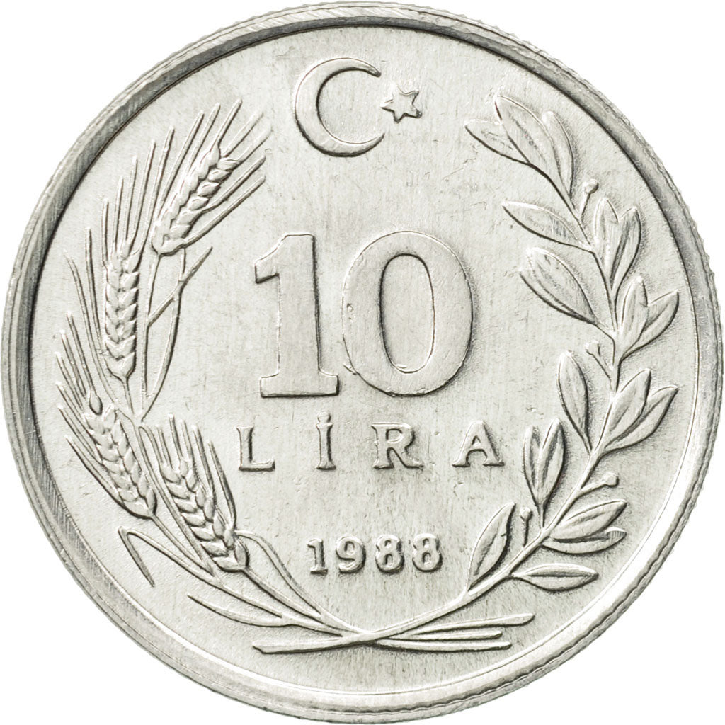 Moneta, Turcja, 10 Lira, 1988, AU(55-58), Aluminium, KM:964