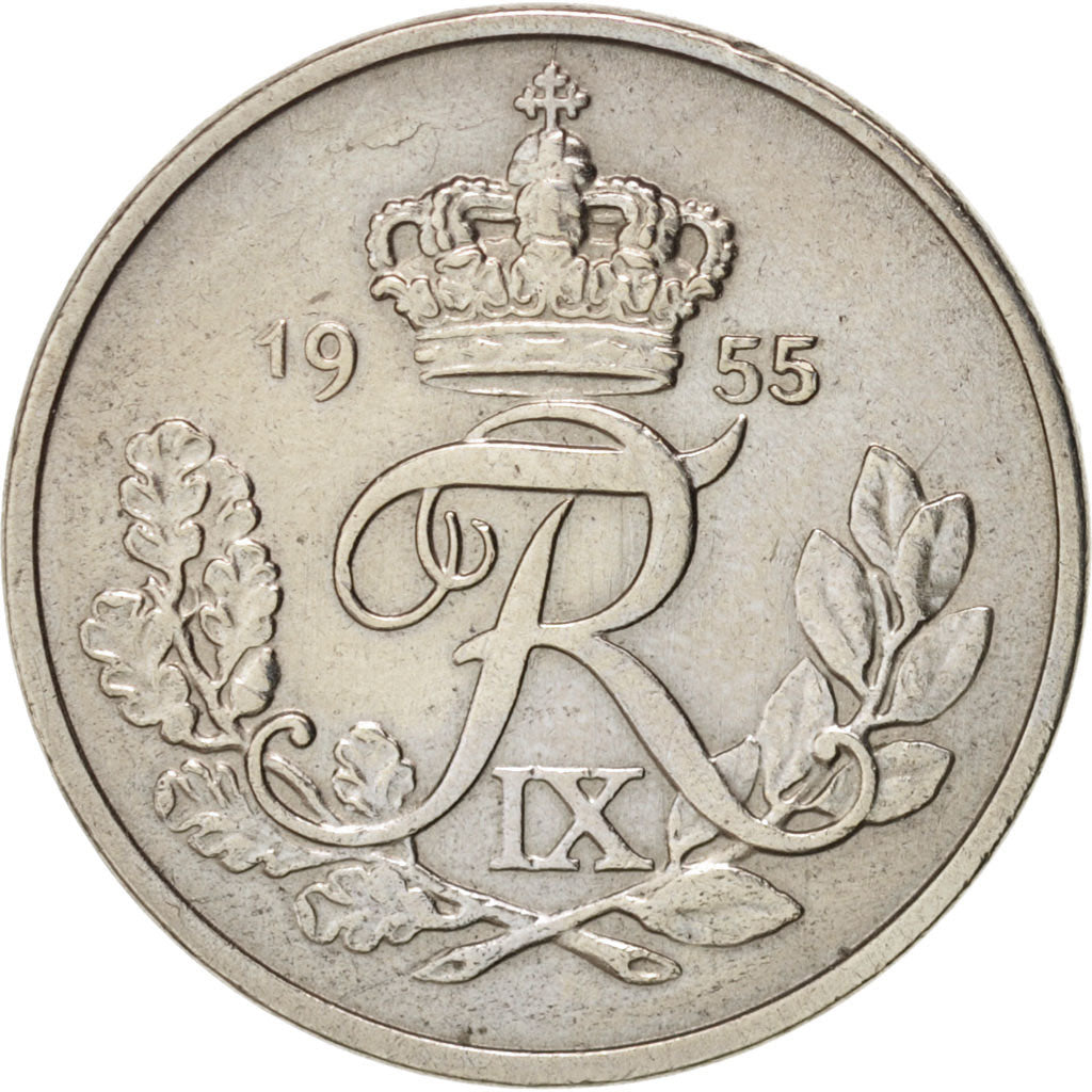 Danimarca, Frederik IX, 10 Öre, 1955, Copenhagen, BB+, Rame-nichel, KM:841.1
