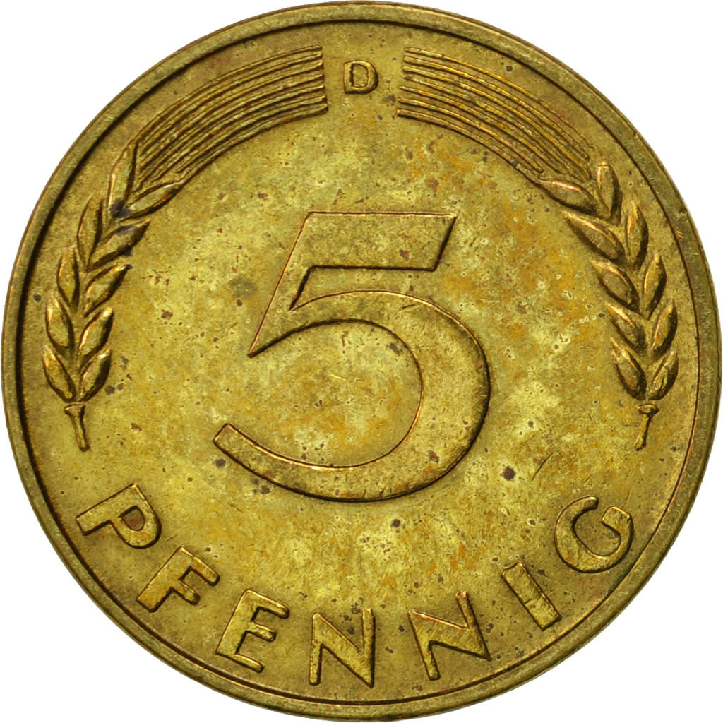 Moneda, ALEMANIA - REPÚBLICA FEDERAL, 5 Pfennig, 1969, Munich, MBC, Latón
