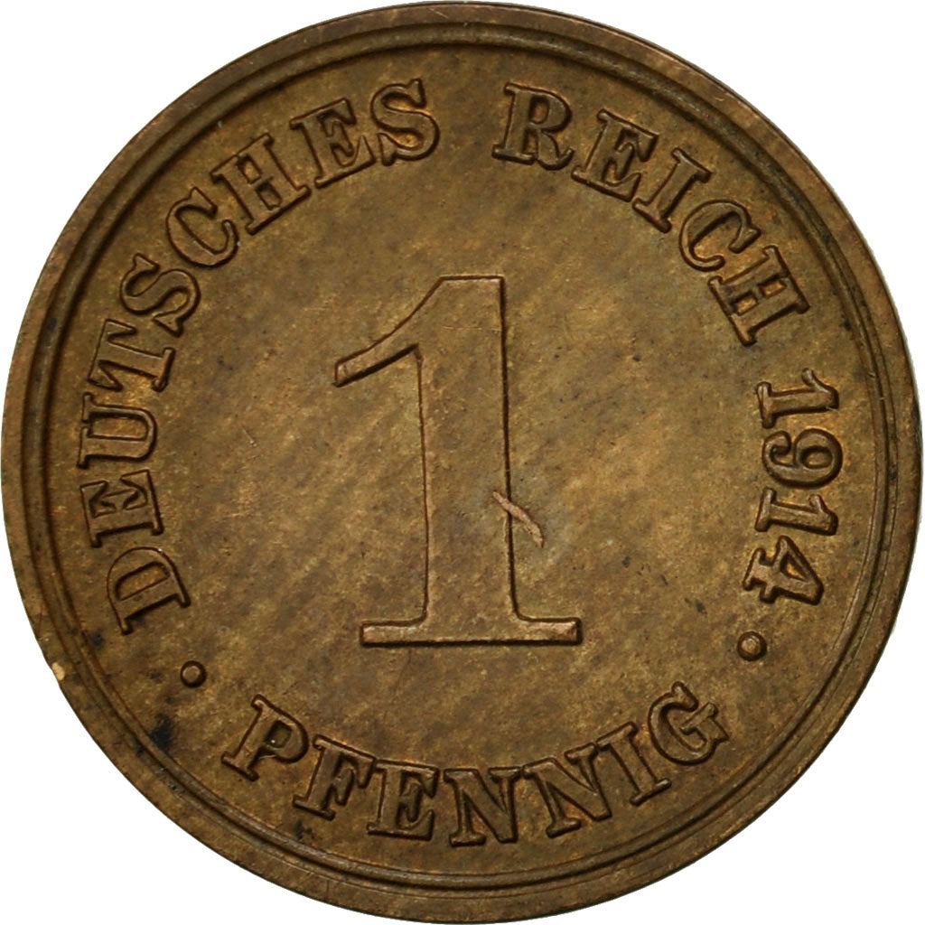 Coin, GERMANY - EMPIRE, Wilhelm II, Pfennig, 1914, Karlsruhe, EF(40-45), Copper