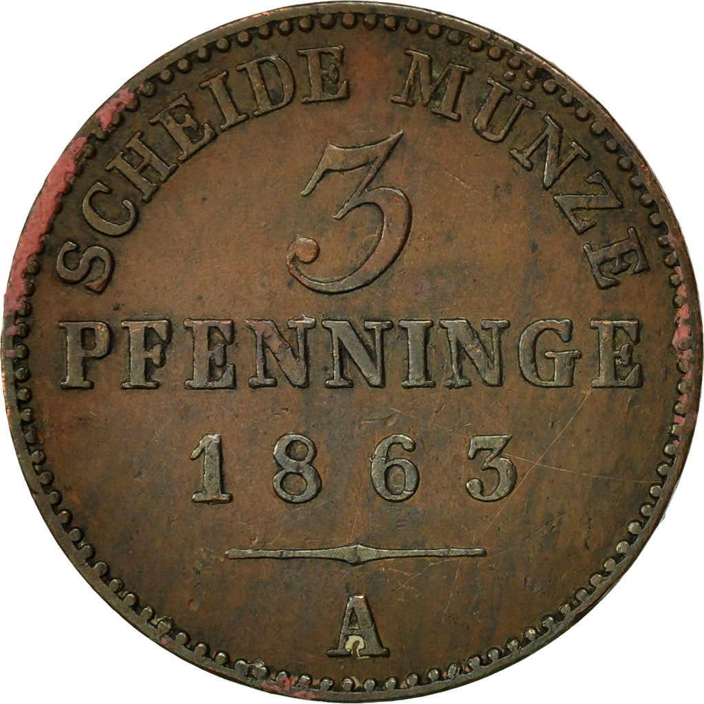 German States, PRUSSIA, Wilhelm I, 3 Pfennig, 1863, Berlin, EF(40-45), Copper