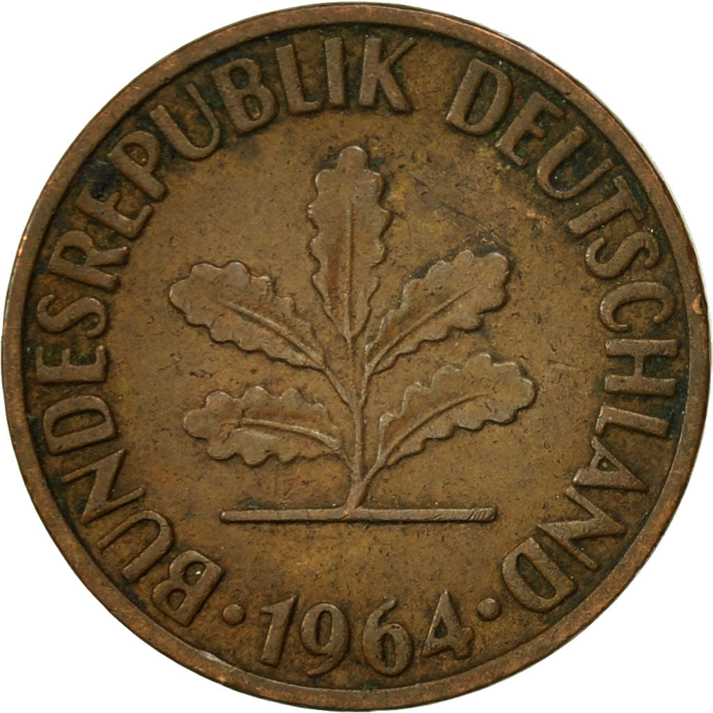 Moneta, Niemcy - RFN, 2 Pfennig, 1964, Stuttgart, EF(40-45), Bronze, KM:106