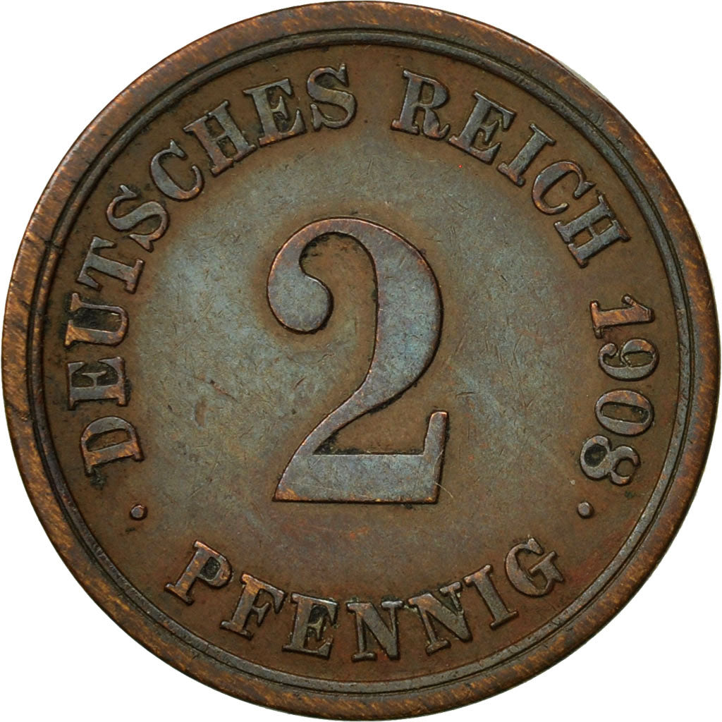 Coin, GERMANY - EMPIRE, Wilhelm II, 2 Pfennig, 1908, Stuttgart, VF(30-35)