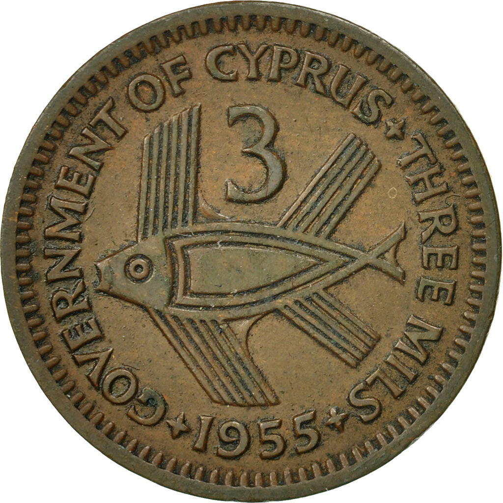 Coin, Cyprus, 3 Mils, 1955, VF(30-35), Bronze, KM:33