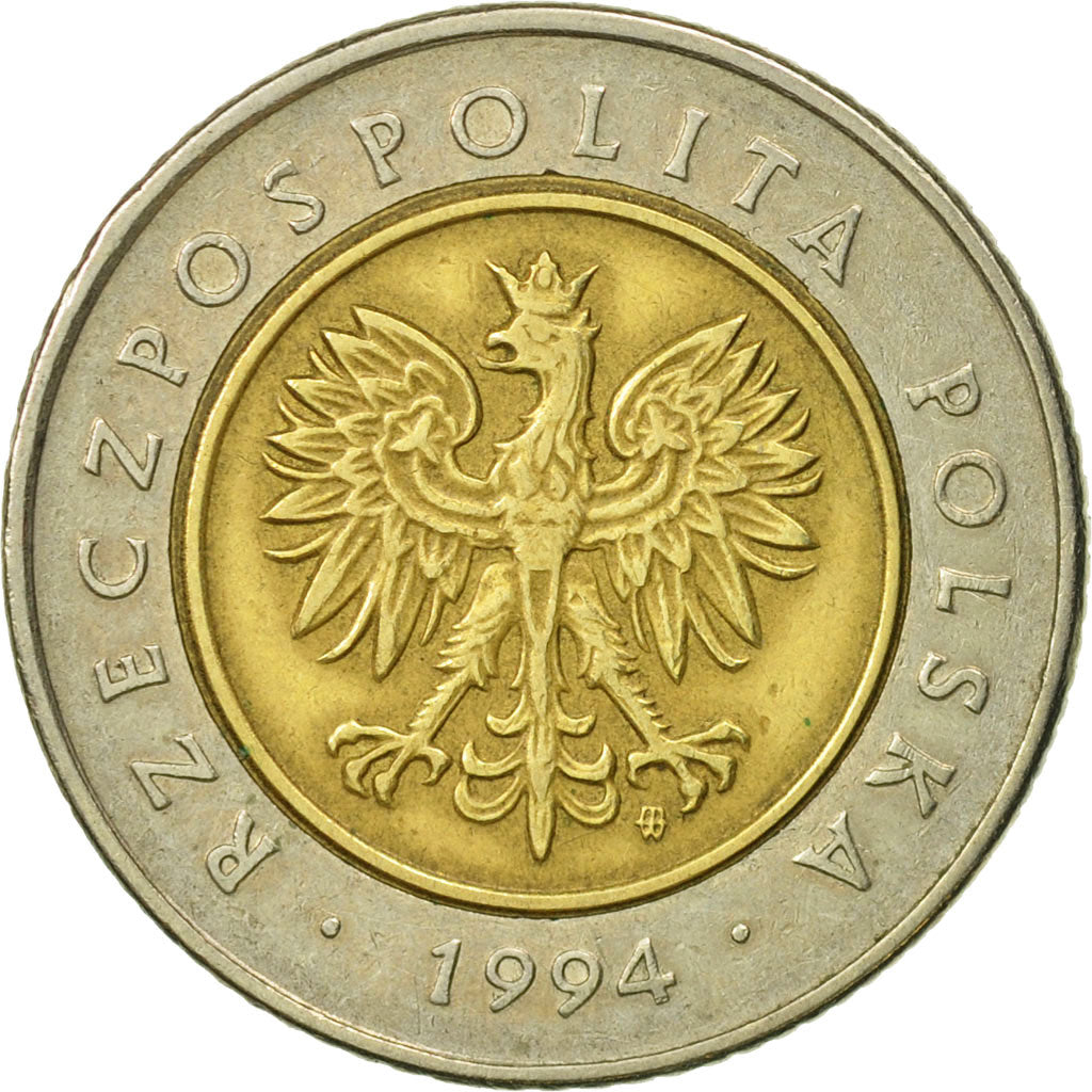 Moneda, Polonia, 5 Zlotych, 1994, Warsaw, MBC+, Bimetálico, KM:284