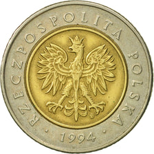Moneda, Polonia, 5 Zlotych, 1994, Warsaw, MBC+, Bimetálico, KM:284