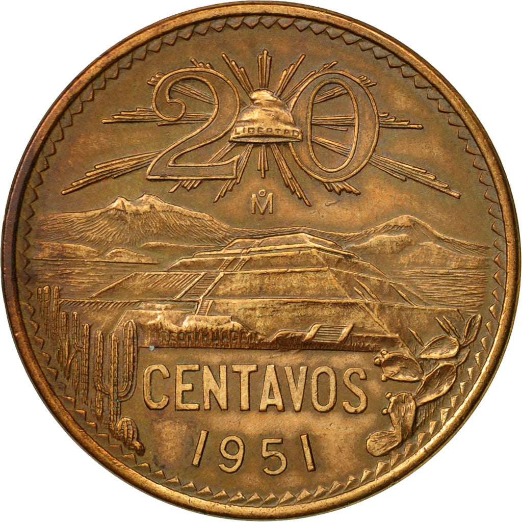 Mexico, 20 Centavos, 1951, Mexico City, EF(40-45), Bronze, KM:439