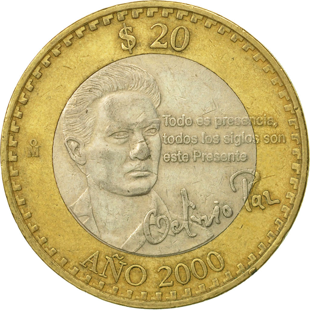 Mexico, 20 Pesos, 2000, Mexico City, EF(40-45), Bi-Metallic, KM:638