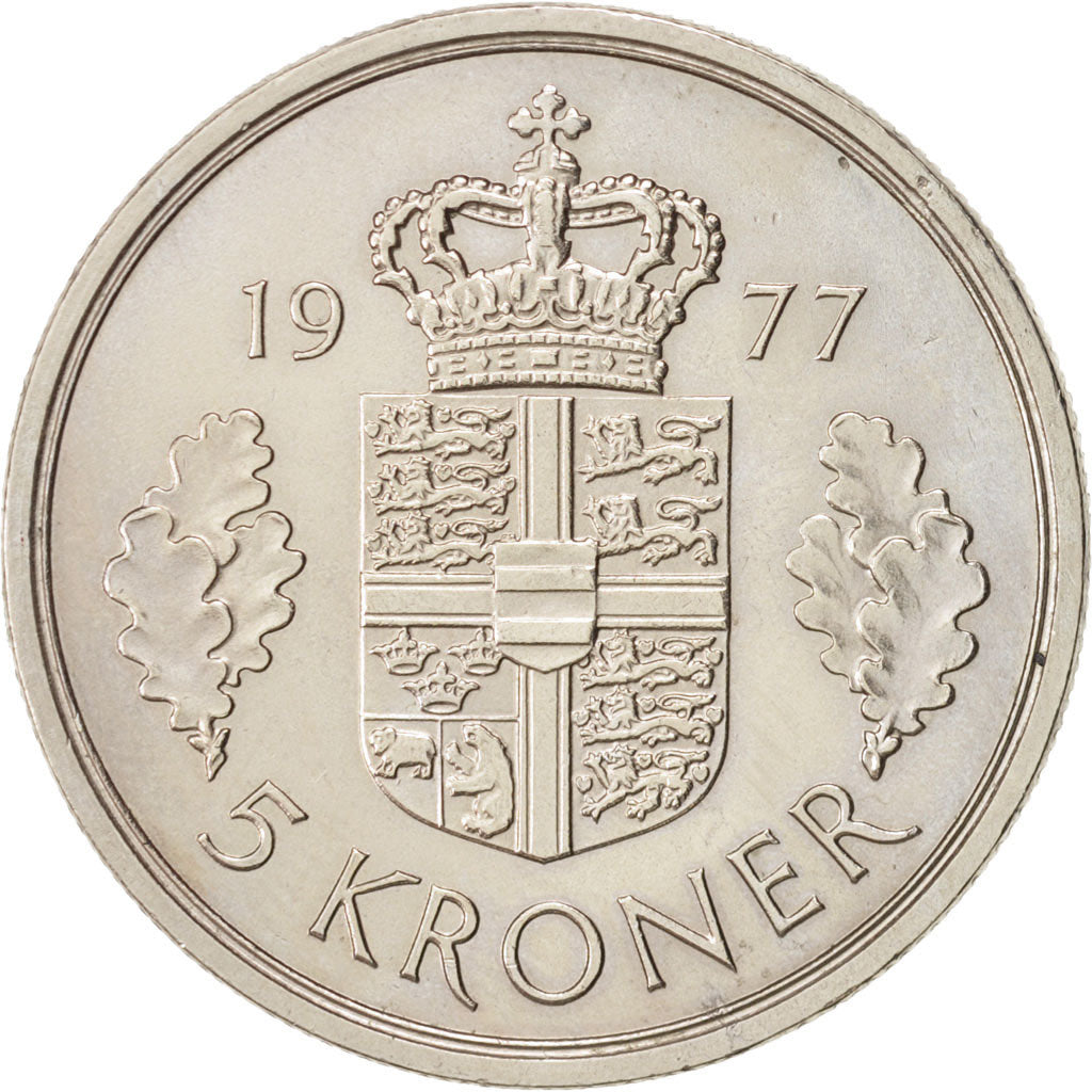 Danimarca, Margrethe II, 5 Kroner, 1977, Copenhagen, SPL-, Rame-nichel, KM:863.1
