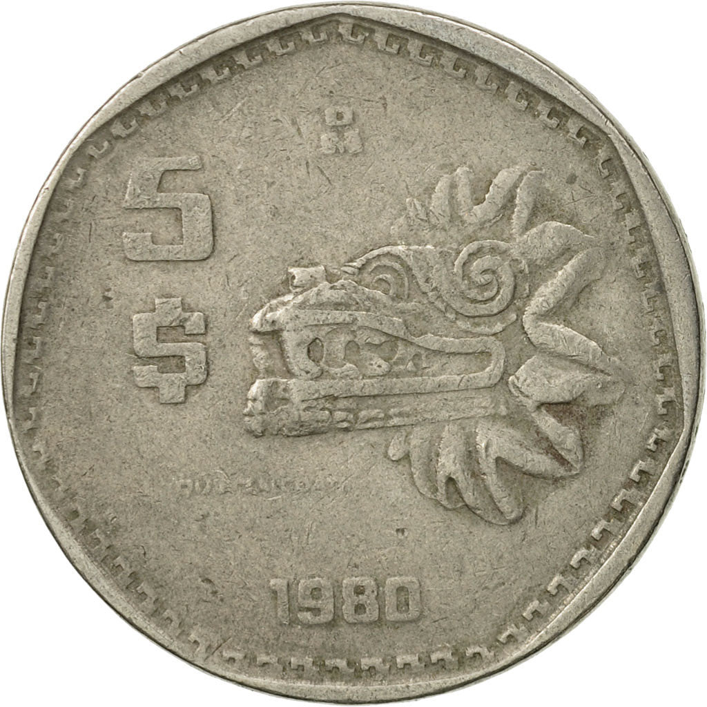 Moneda, México, 5 Pesos, 1980, Mexico City, BC+, Cobre - níquel, KM:485
