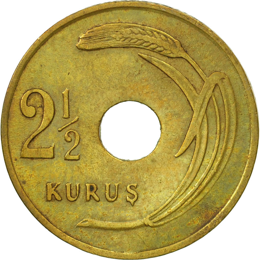 Turkey, 2-1/2 Kurus, 1948, EF(40-45), Brass, KM:885