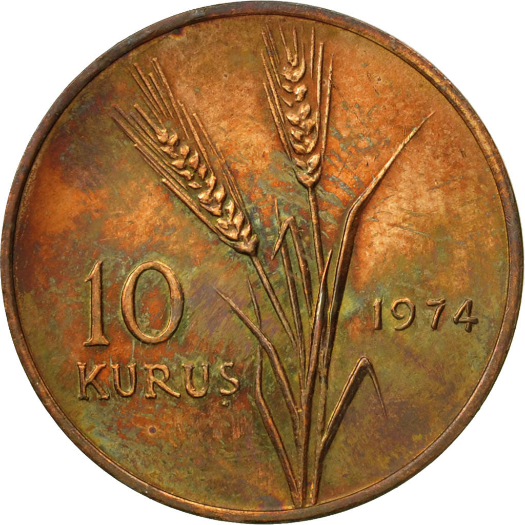 Coin, Turkey, 10 Kurus, 1974, EF(40-45), Bronze, KM:898.2