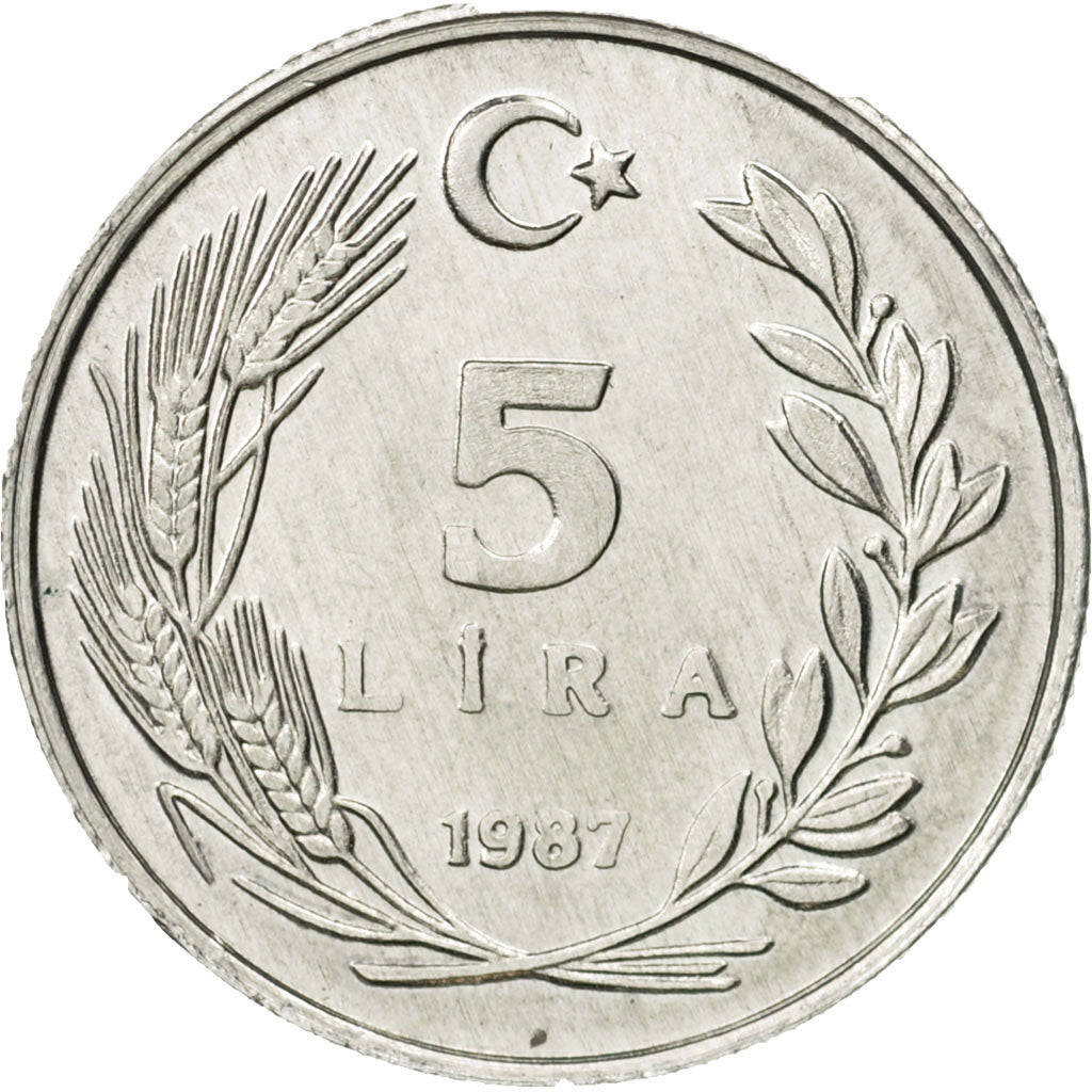 Turkey, 5 Lira, 1987, AU(55-58), Aluminum, KM:963