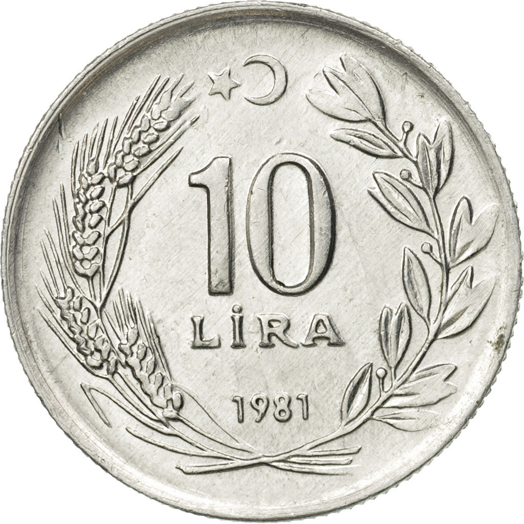 Moneta, Turcja, 10 Lira, 1981, AU(55-58), Aluminium, KM:945