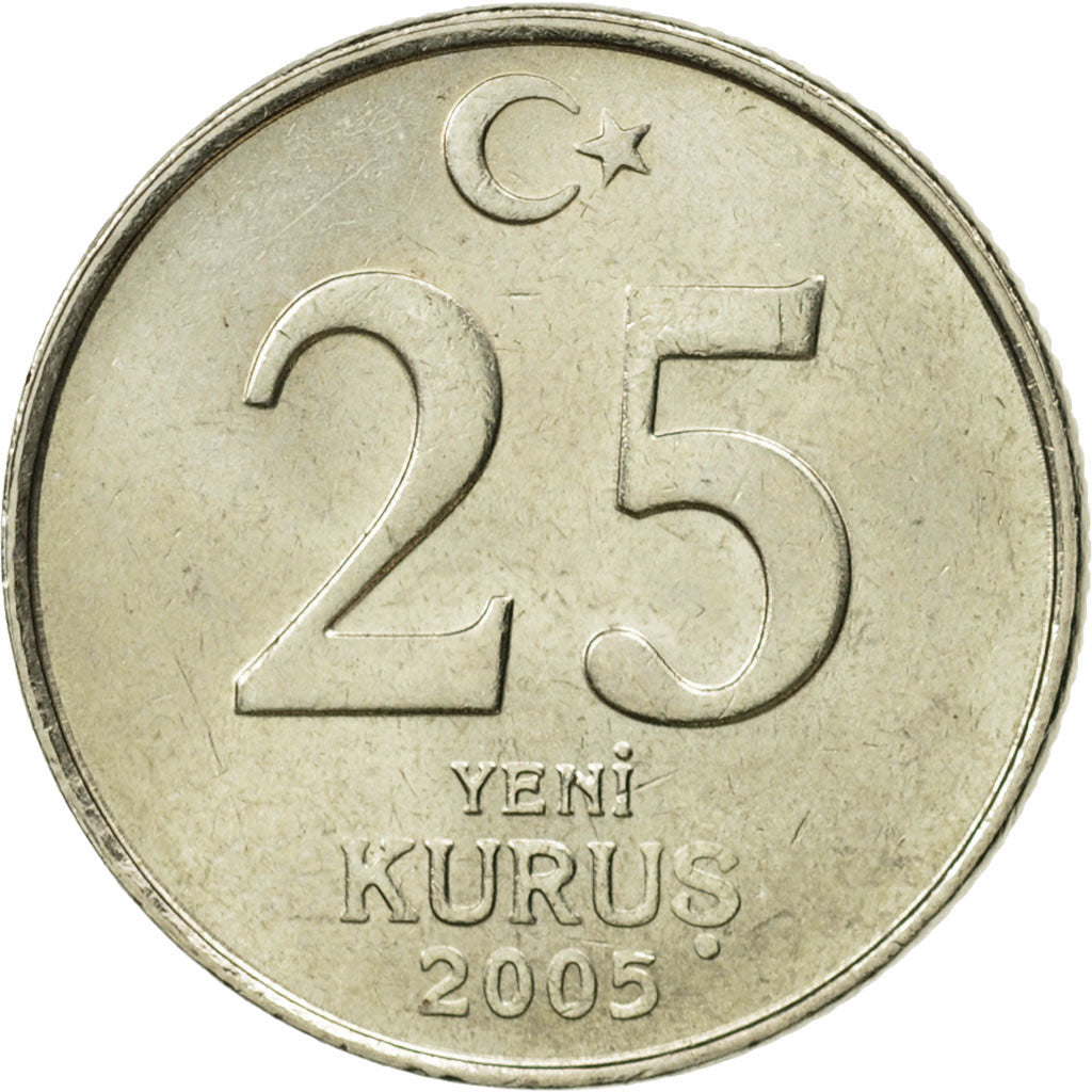 Coin, Turkey, 25 New Kurus, 2005, Istanbul, AU(55-58), Copper-Nickel-Zinc