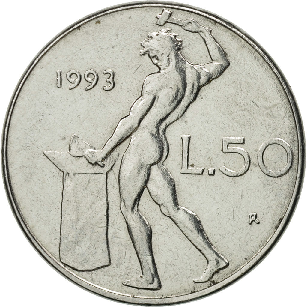 Coin, Italy, 50 Lire, 1993, Rome, AU(55-58), Stainless Steel, KM:95.2