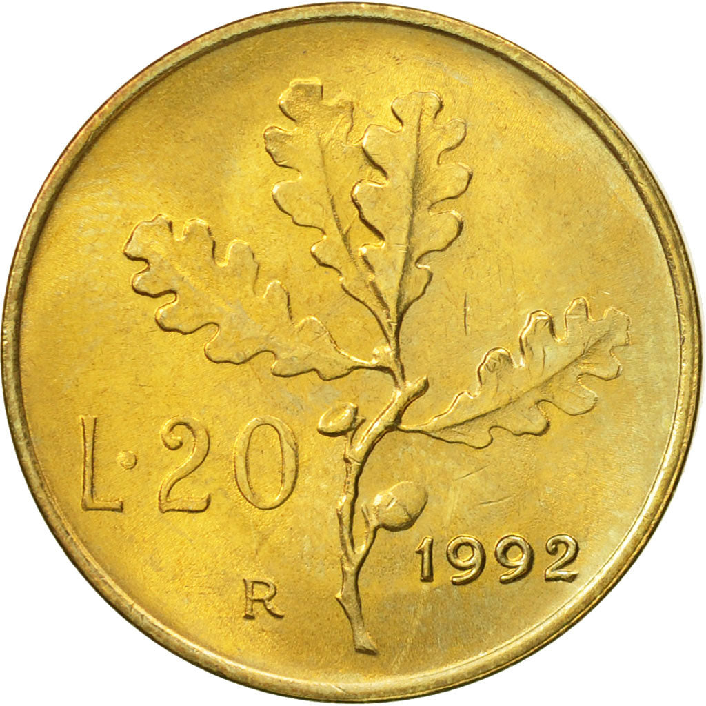 Italy, 20 Lire, 1992, Rome, AU(55-58), Aluminum-Bronze, KM:97.2