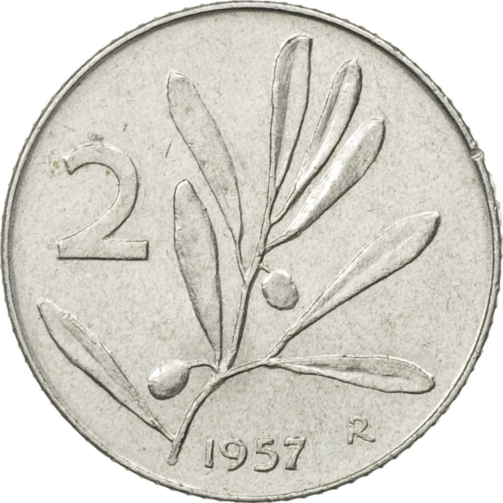 Italy, 2 Lire, 1957, Rome, AU(55-58), Aluminum, KM:94