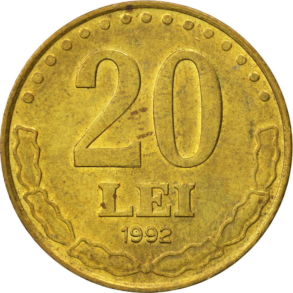 Romania, 20 Lei, 1992, AU(55-58), Brass Clad Steel, KM:109