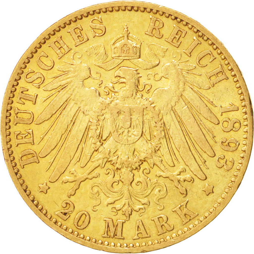 Stati tedeschi, HAMBURG, 20 Mark, 1893, Hamburg, BB+, Oro, KM:618