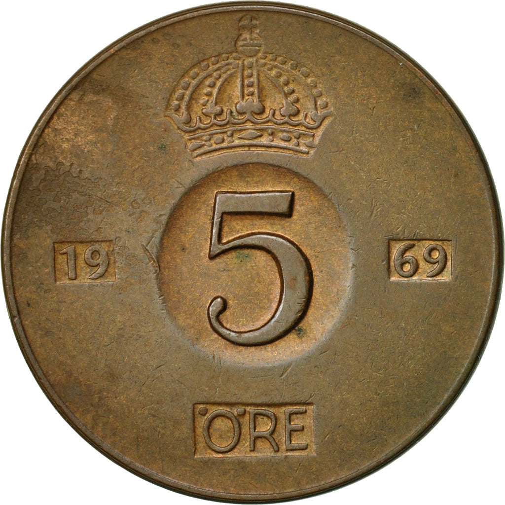 Coin, Sweden, Gustaf VI, 5 Öre, 1969, EF(40-45), Bronze, KM:822