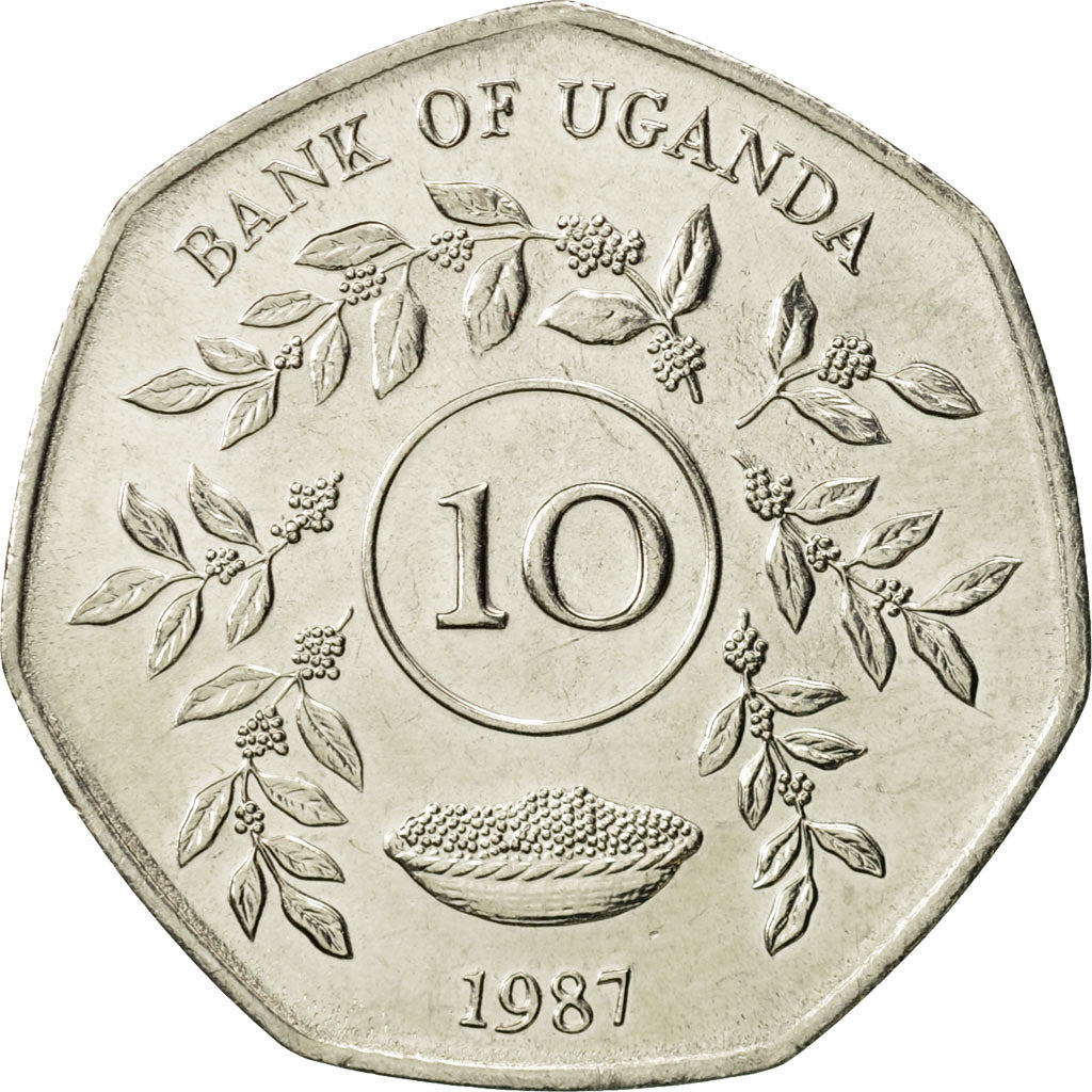 Coin, Uganda, 10 Shillings, 1987, MS(63), Nickel plated steel, KM:30