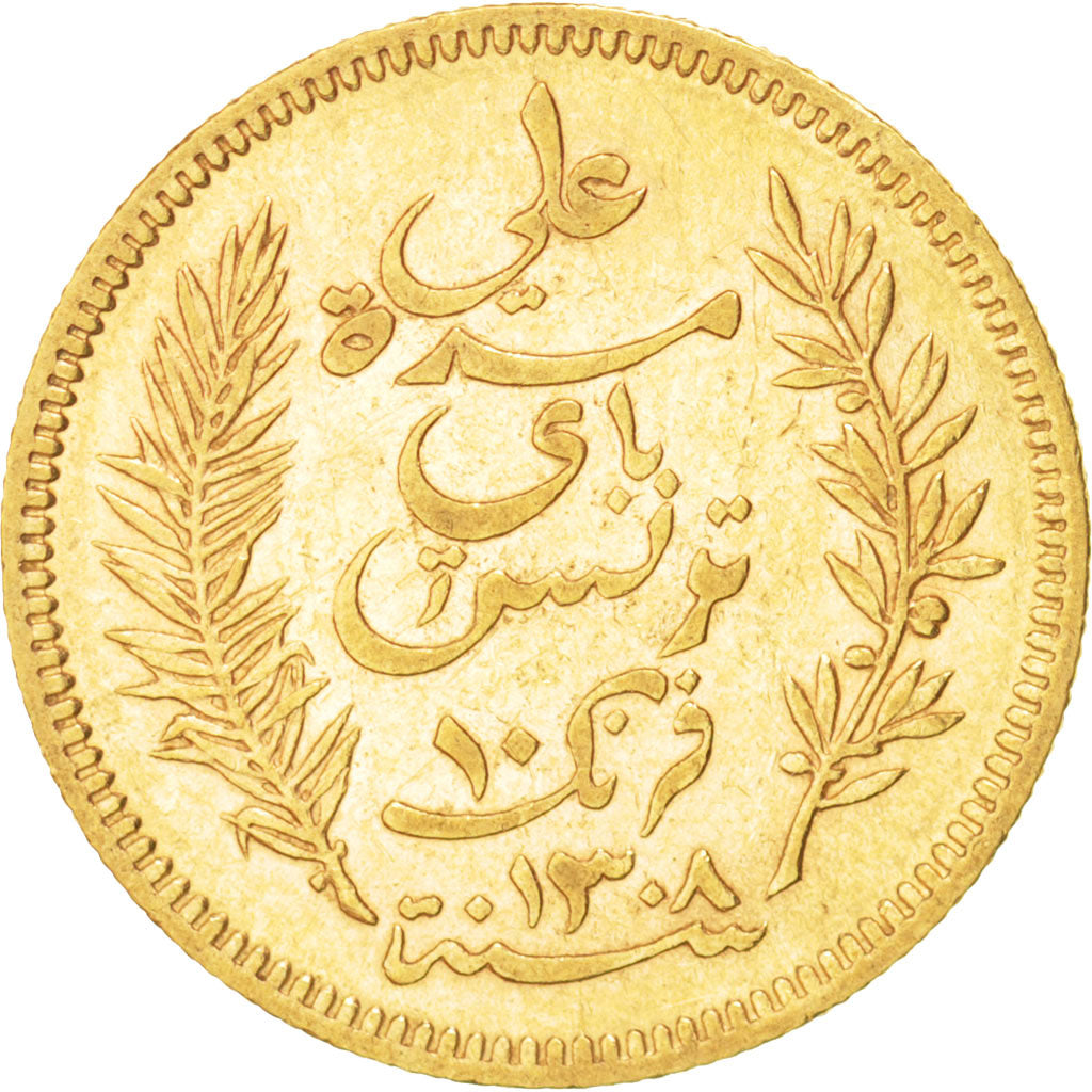 Tunisia, Ali Bey, 10 Francs, 1891, Paris, BB+, Oro, KM:226, Lecompte:404