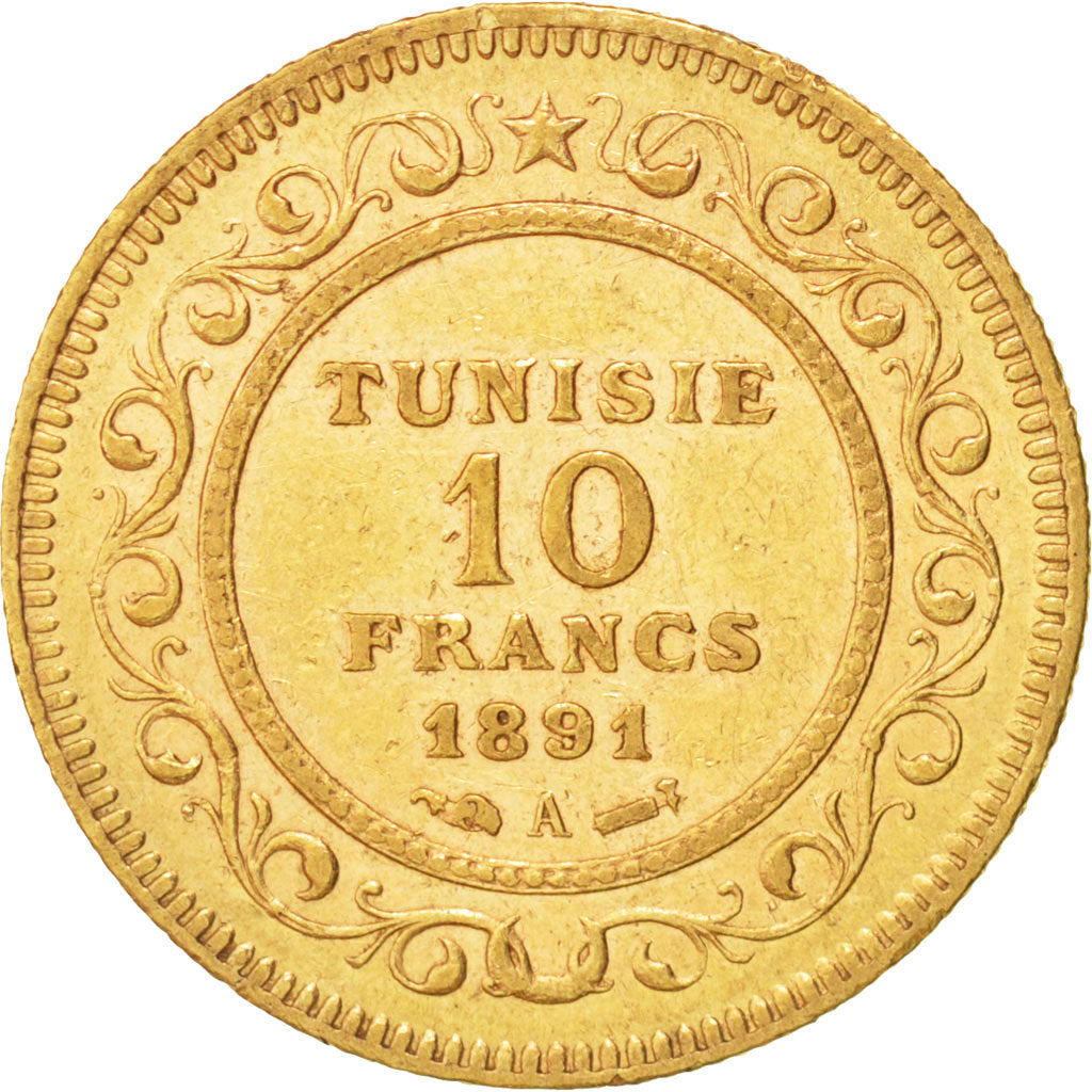 Tunisia, Ali Bey, 10 Francs, 1891, Paris, BB+, Oro, KM:226, Lecompte:404