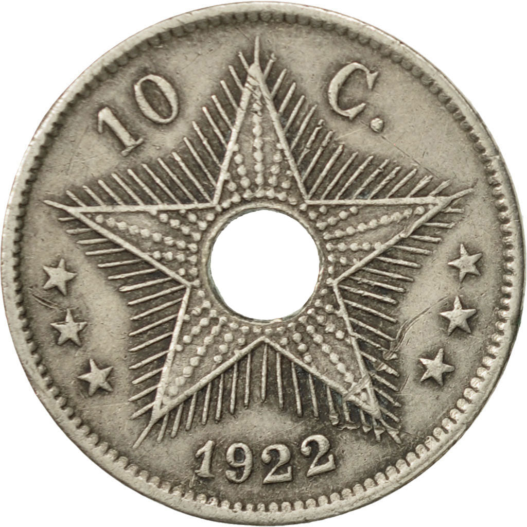 Belgian Congo, 10 Centimes, 1922, Heaton, EF(40-45), Copper-nickel, KM:18