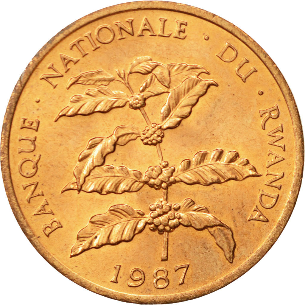 Rwanda, 5 Francs, 1987, British Royal Mint, AU(55-58), Bronze, KM:13